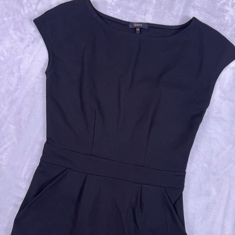 Quince Black Ponte Knit Boat Neck Cap Sleeve Pockets Sheath Dress XS DKBIZ01